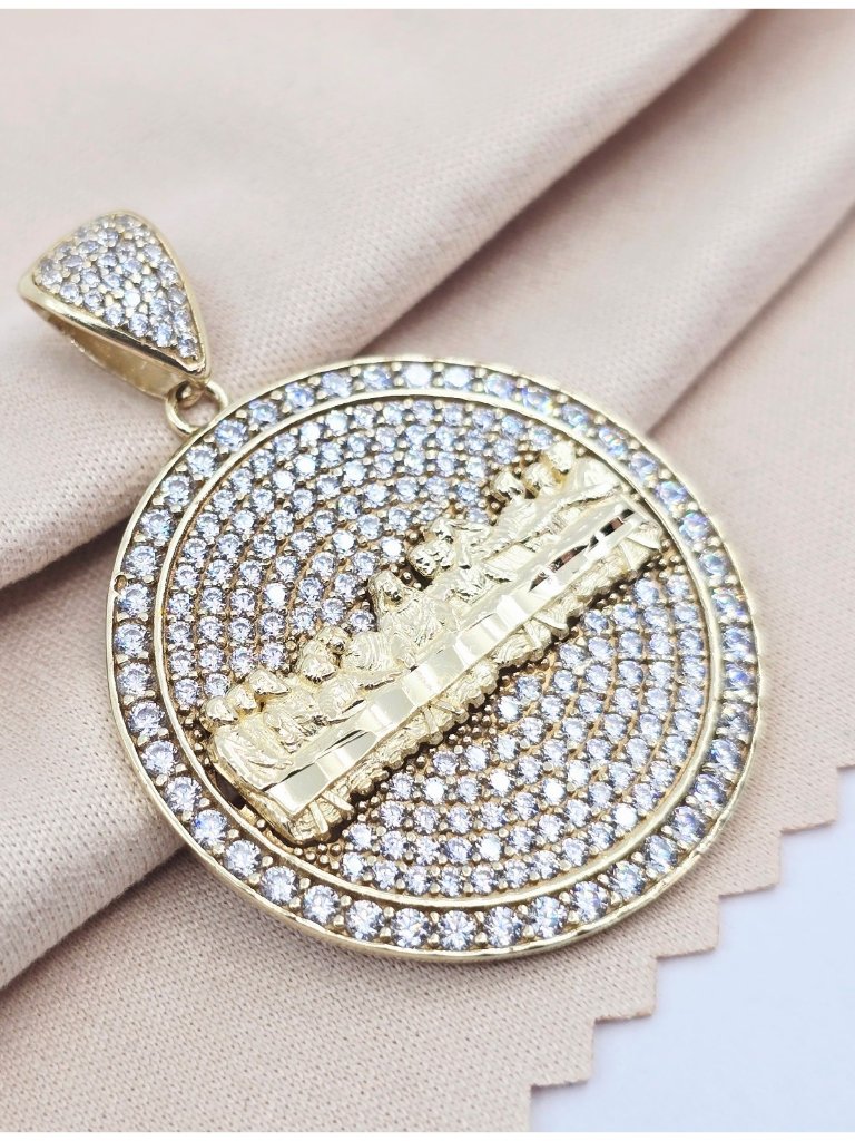 Unique 10k Solid Yellow Gold Religious The Last Supper Round Cz Charm Pendant